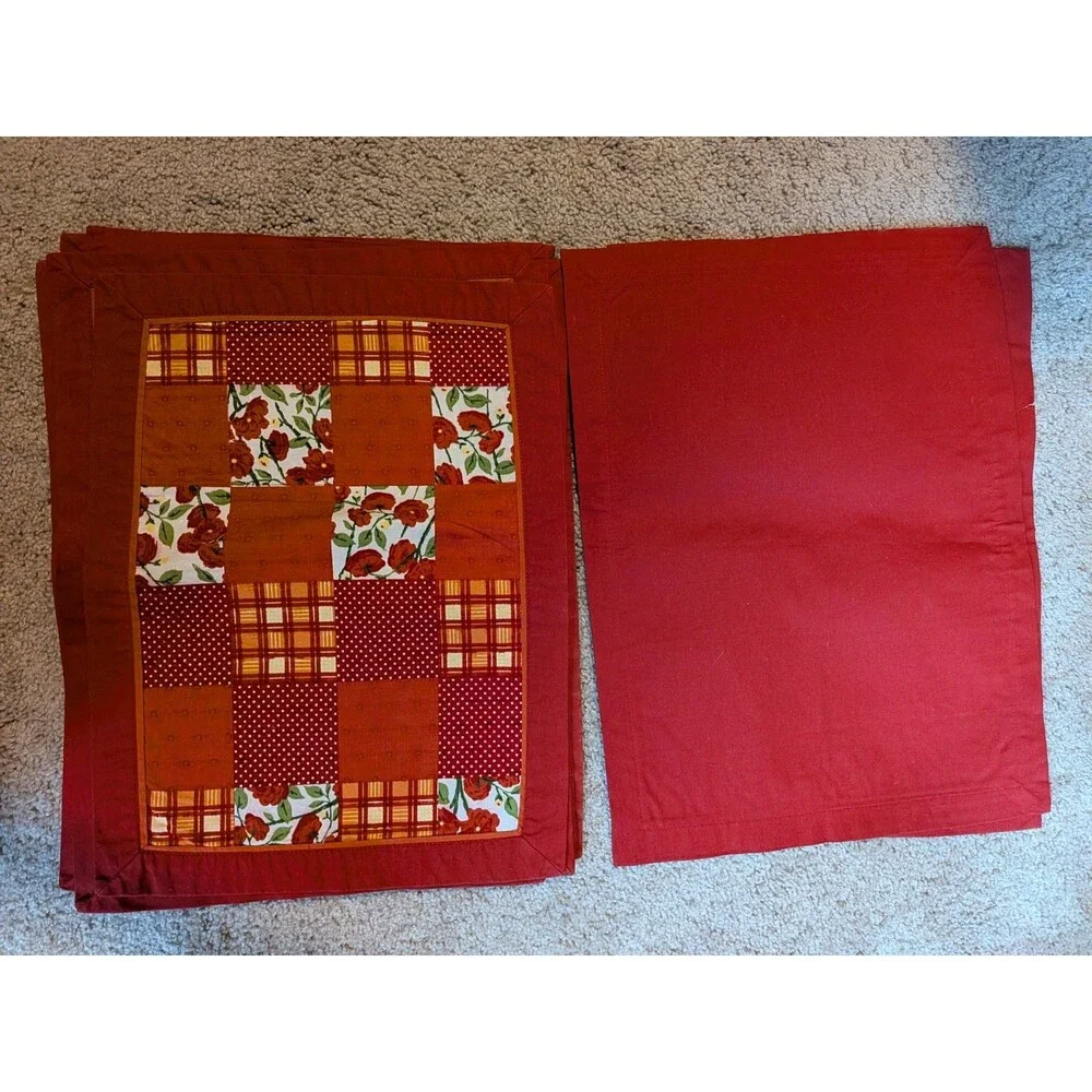 Red Patchwork Quilted Placemats Floral Polka Dot Plaid Set Of 8 14
